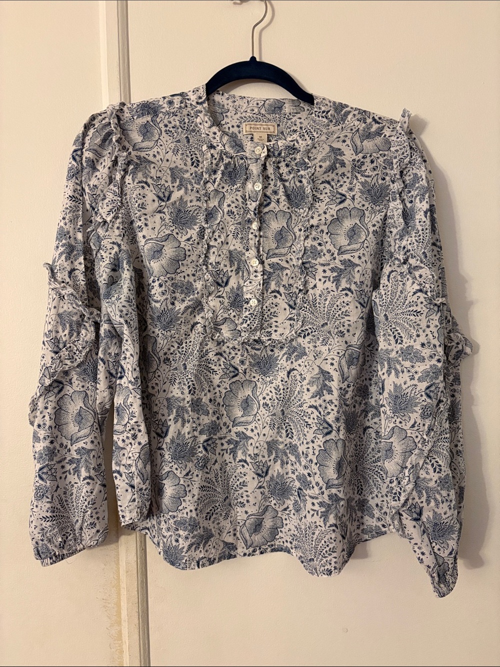 Point Sur Blue Floral 3/4 Button-Front Cotton Long Sleeve Top